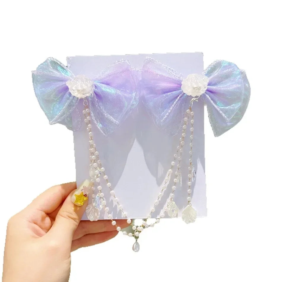 Baby Girls Cute Mermaid Princess Pearl Tassel Bow Forehead Chain Hair Clip Children Hair Accessories Girls Super Hair Clip TM04