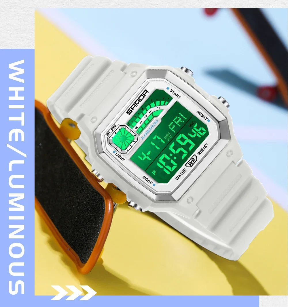 SANDA 6196 Electronic Watch Night Glow Waterproof Sports Men's Light and Thin Square Classic Male and Female Student Watch