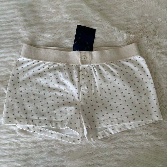 Purple Floral Print Home Shorts Summer Patchwork Elastic Waist Straight Short Pant Casual Cute Cotton Pants Woman Clothing