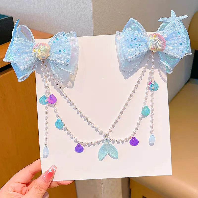 Baby Girls Cute Mermaid Princess Pearl Tassel Bow Forehead Chain Hair Clip Children Hair Accessories Girls Super Hair Clip TM04