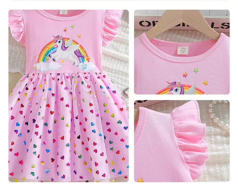 2025 New Unicorn Girls Dress Flying sleeves Kids Clothes Summer Princess Dresses Party Dresses for Children Clothing Rainbow
