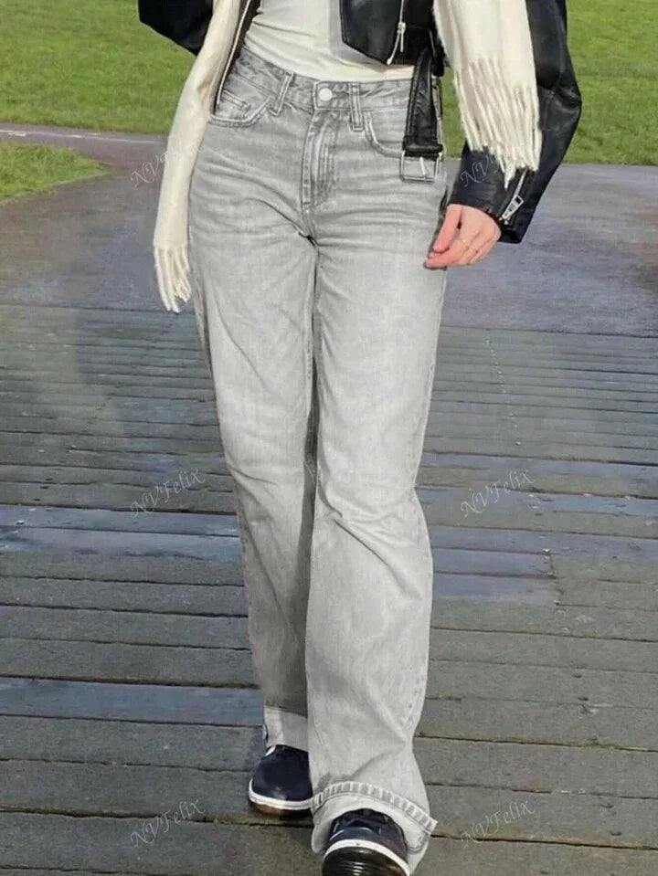 Jeans Women Straight Pants Denims Washed High Waist Distressed Pockets Female 2025 Streetwear Vintage Full Length Trousers