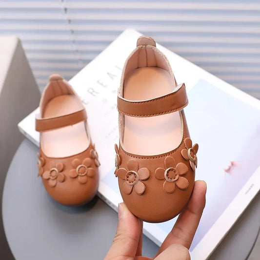 Kids Black Shoes Soild Color Casual Girls Flat Shoes Versatile Sweet Flowers 2025 Autumn New Children Princess Shoes Performance