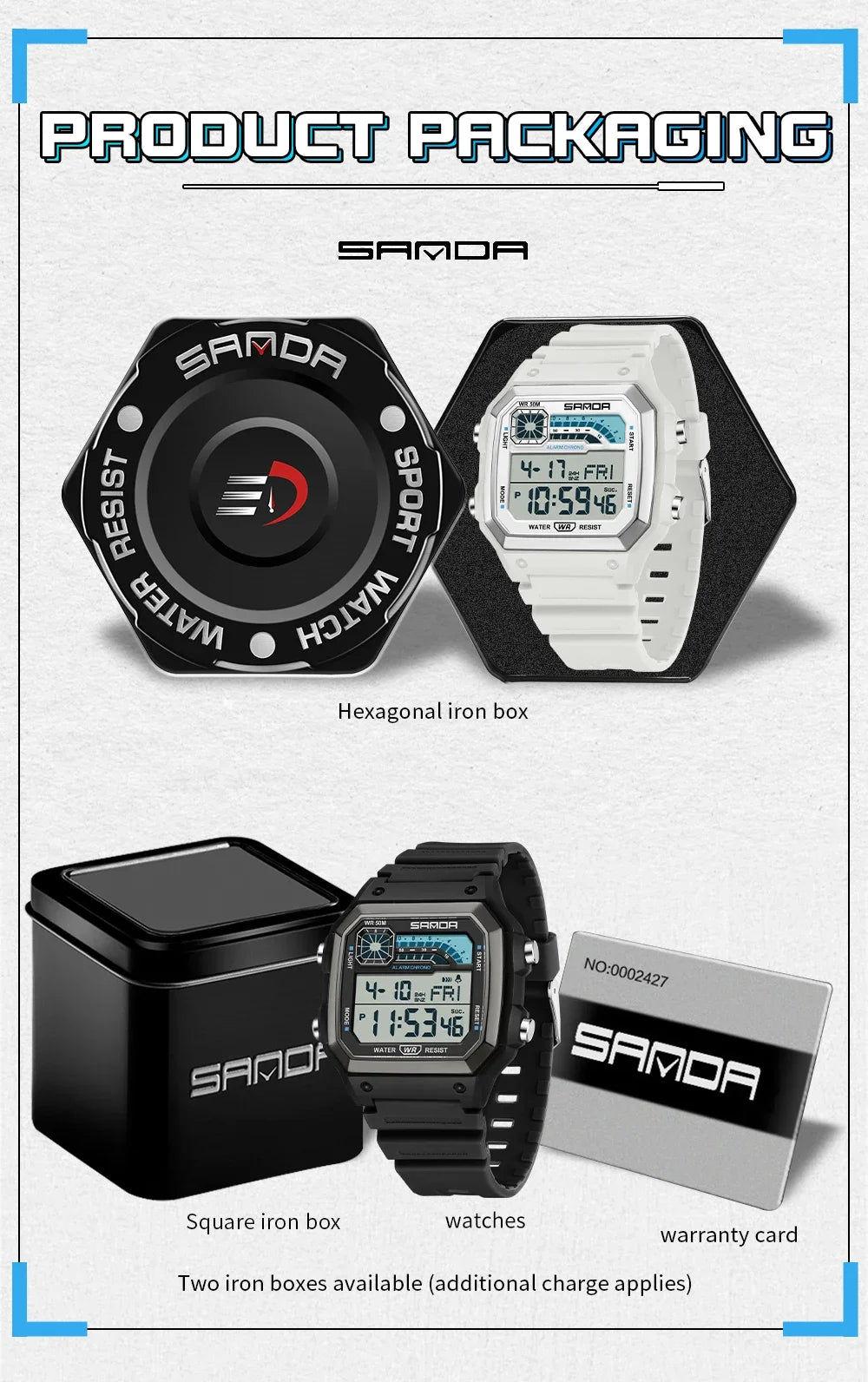 SANDA 6196 Electronic Watch Night Glow Waterproof Sports Men's Light and Thin Square Classic Male and Female Student Watch