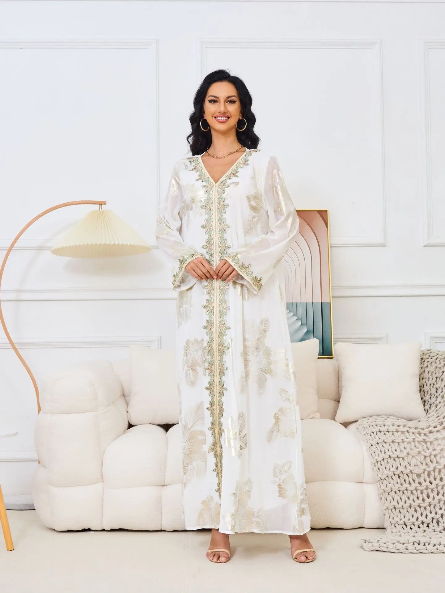 Eid Muslim Women Dress Gown Turkish Caftan Abaya Jalabiya Ramadan Party Dresses Morocco Kaftan V Neck Belt Embroidery Vestidos