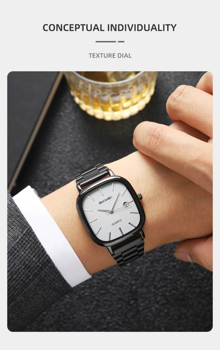 SKMEI Men's Quartz Watch Retro Square Zinc Alloy Case Gold Stainless Steel Band, 30M Water Resistance Time & Date Functions 2551