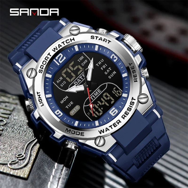 SANDA New Fashion Men Watch Multifunctional Outdoors Sports Waterproof Wristwatch LED Luminous Electronic Digital Men Watches