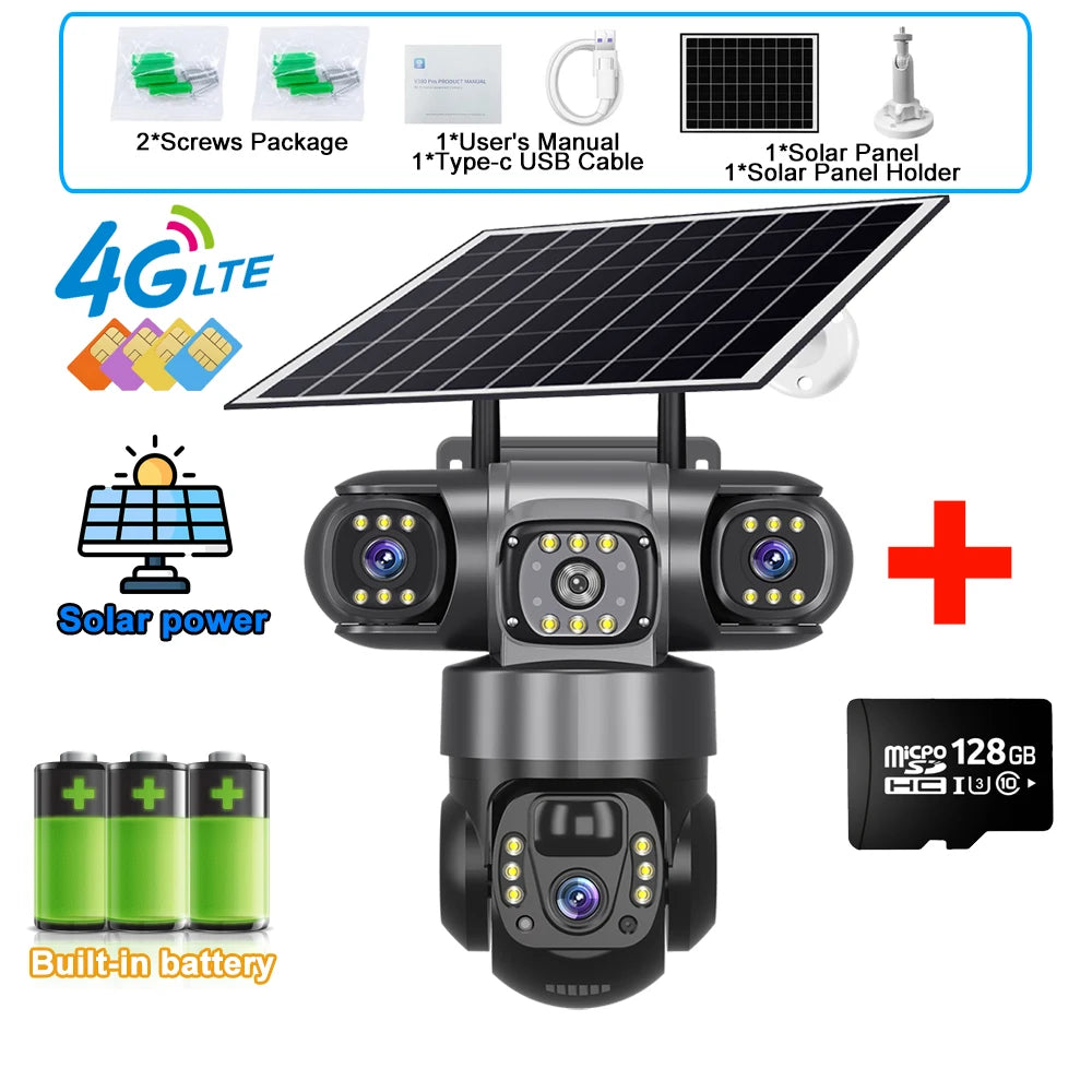 4G Solar Security Camera Outdoor Waterproof Wireless Three Lens Three screens Full Color Night Vision Motion Detection CCTV
