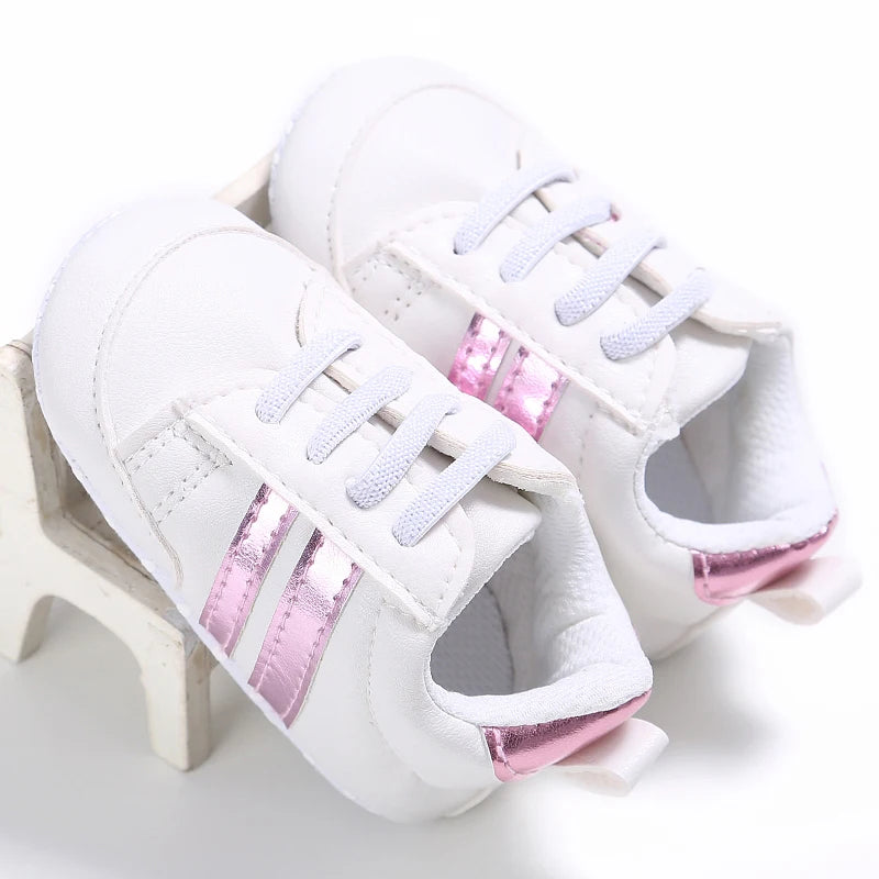 Baby Shoes Newborn Boys Sneaker Girls Two Striped First Walkers Kids Toddlers Lace Up PU Leather Soft Soles Sneakers 0-18 Months