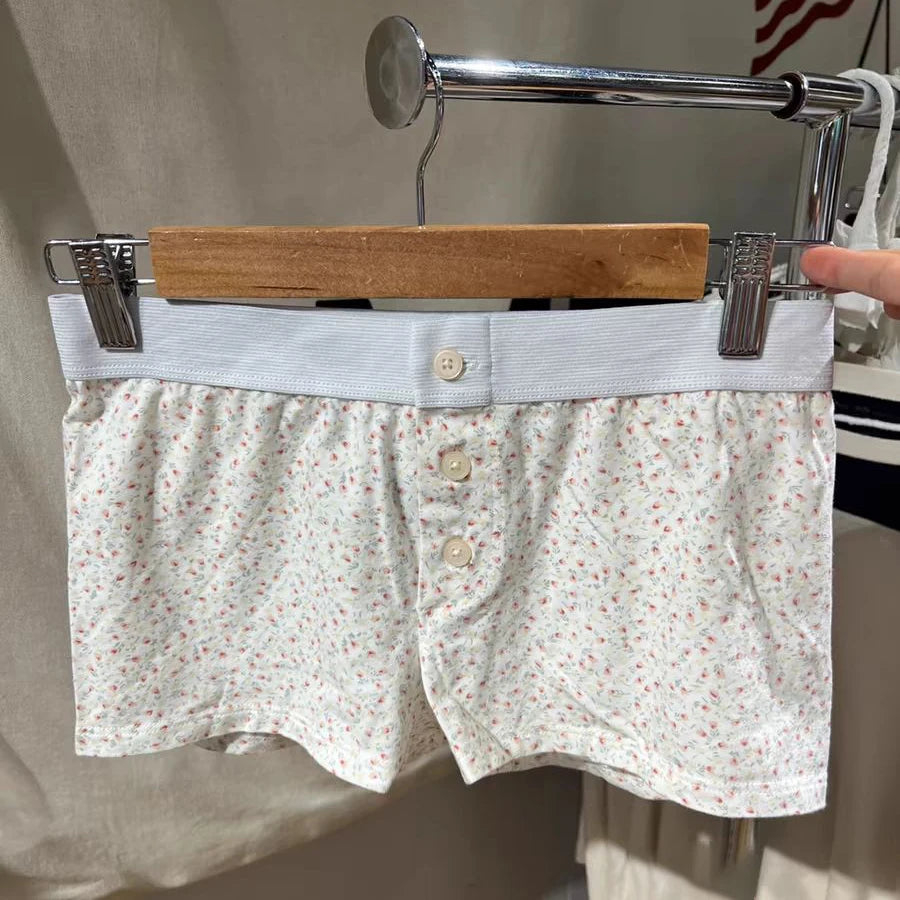 Purple Floral Print Home Shorts Summer Patchwork Elastic Waist Straight Short Pant Casual Cute Cotton Pants Woman Clothing