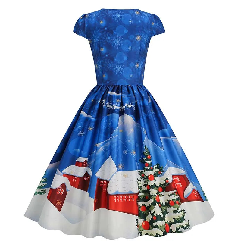 Christmas Dresses for Women Winter Pinup Rockabilly Sexy Cosplay Party Dress Santa Claus Snow Print Cocktail Prom Dress