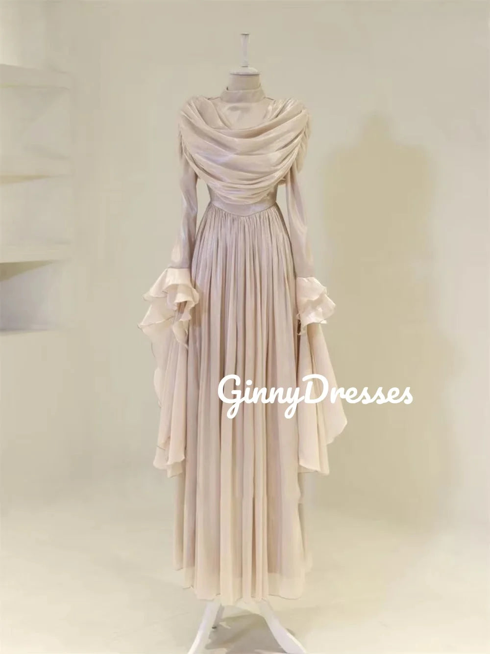 Women'S Evening Dresses Customize Scoop Neckline A-Line Formal Occasion Dresses Zipper Up Long Sleeves Ruffle Floor-Length Prom