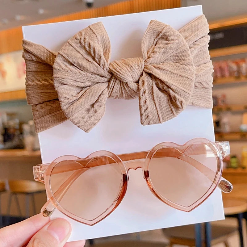 2 Pcs/Set New Children Cute Solid Bowknot Wide Hairbands Heart Sunglasses Hair Bands Baby Girls Headwear Kids Hair Accessories