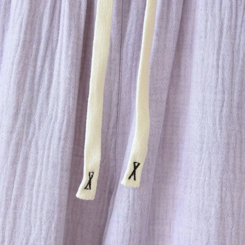 Summer Women Cotton Gauze Wide Leg Pants Casual Loose Elastic Waist Trousers with Pockets Solid Color Breathable Lounge Pants