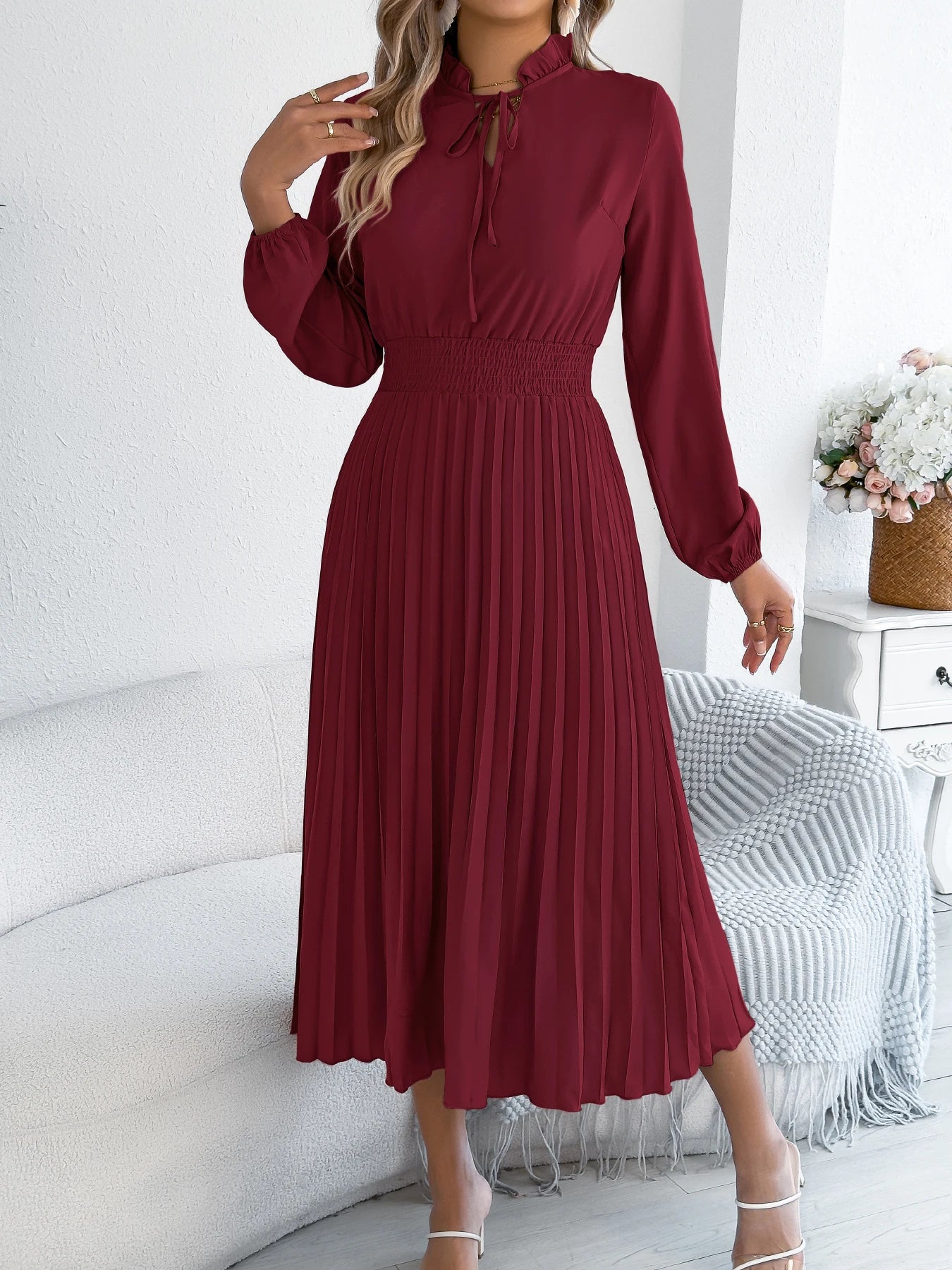 Elegant Dresses for Women 2025 Autumn Winter Casual Solid Color V Neck Lace Up Pleated Maxi Dress Red Khaki Green Woman Dresses