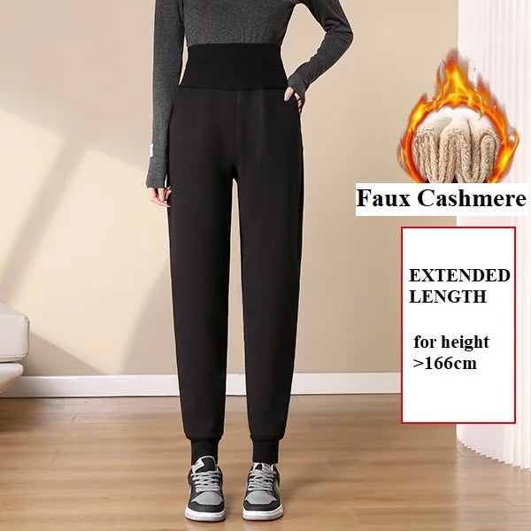 Women Pants Warm Winter Thick Lambskin Cashmere Pants High Waist Black Harem Long Trousers Wool Cold Resistant Pants PELEDRESSS