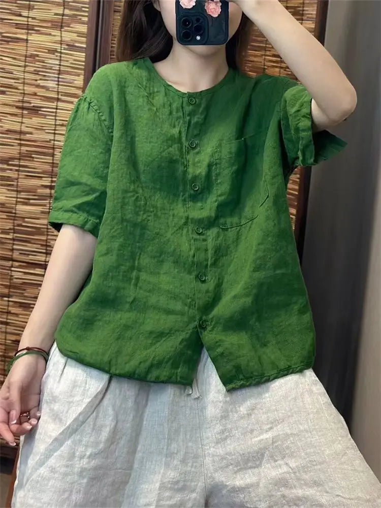 Chiffon Cotton Linen round Neck T-shirt Women Summer New Vintage Art Loose Shirt  Open Cardigan Top 2025 Short Shirt For Women