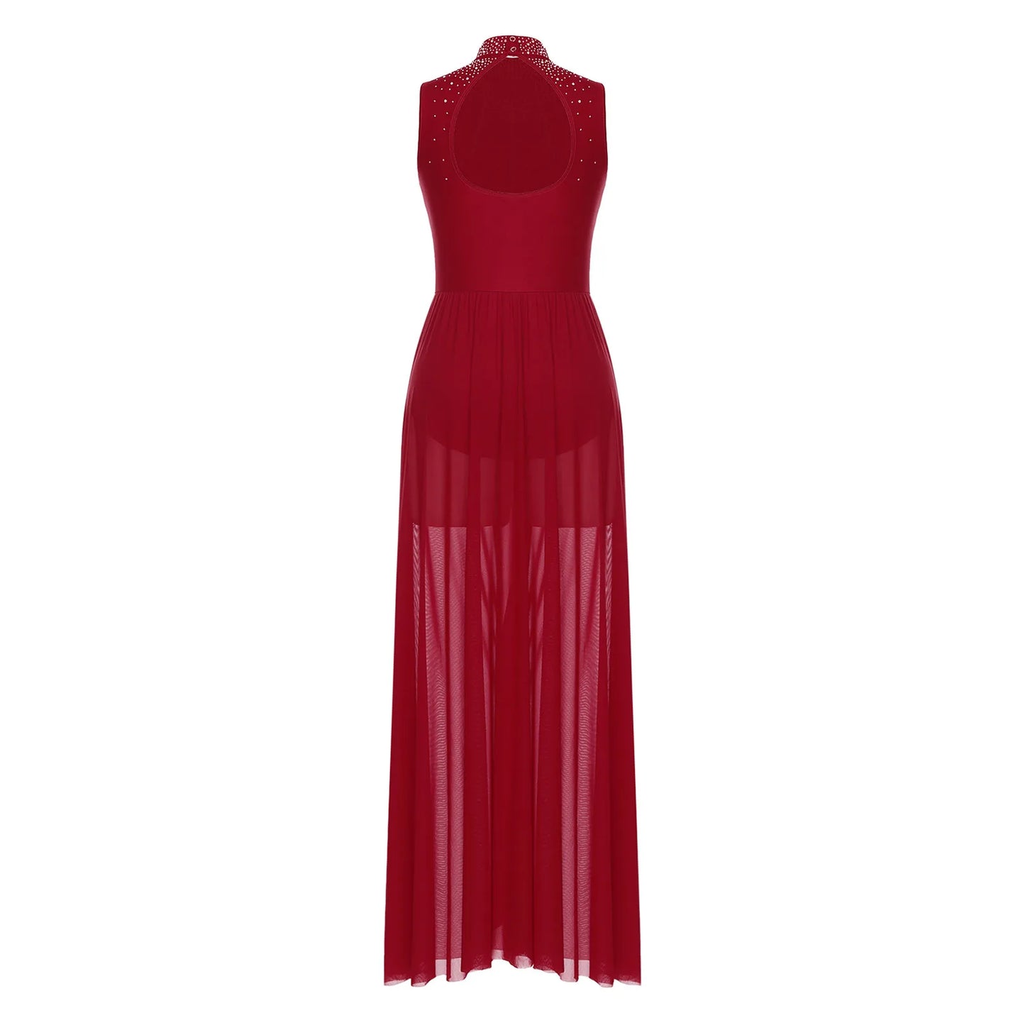 Womens Lyrical Dance Dresses Mock Neck Wide Hemline Shiny Rhinestones Maxi Dress Sleeveless Modern Contemporary Leotard Dresses