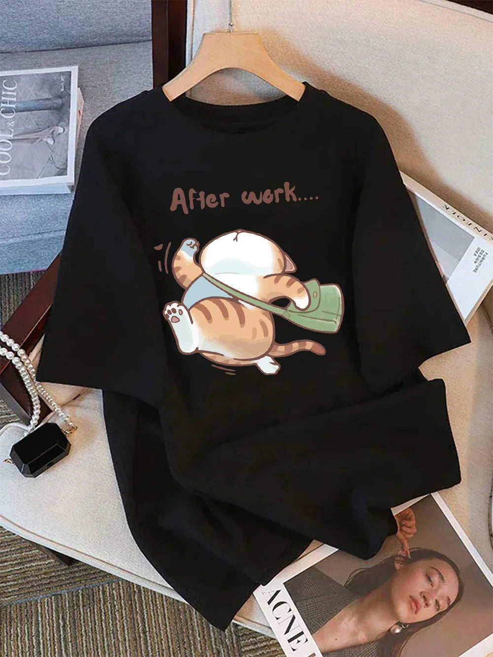 Women T-Shirt Cotton Summer The Cat That Always Wants To Sleep Pattern Prints T Shirt O-Neck Soft Loose Tops Basic Woman Clothes