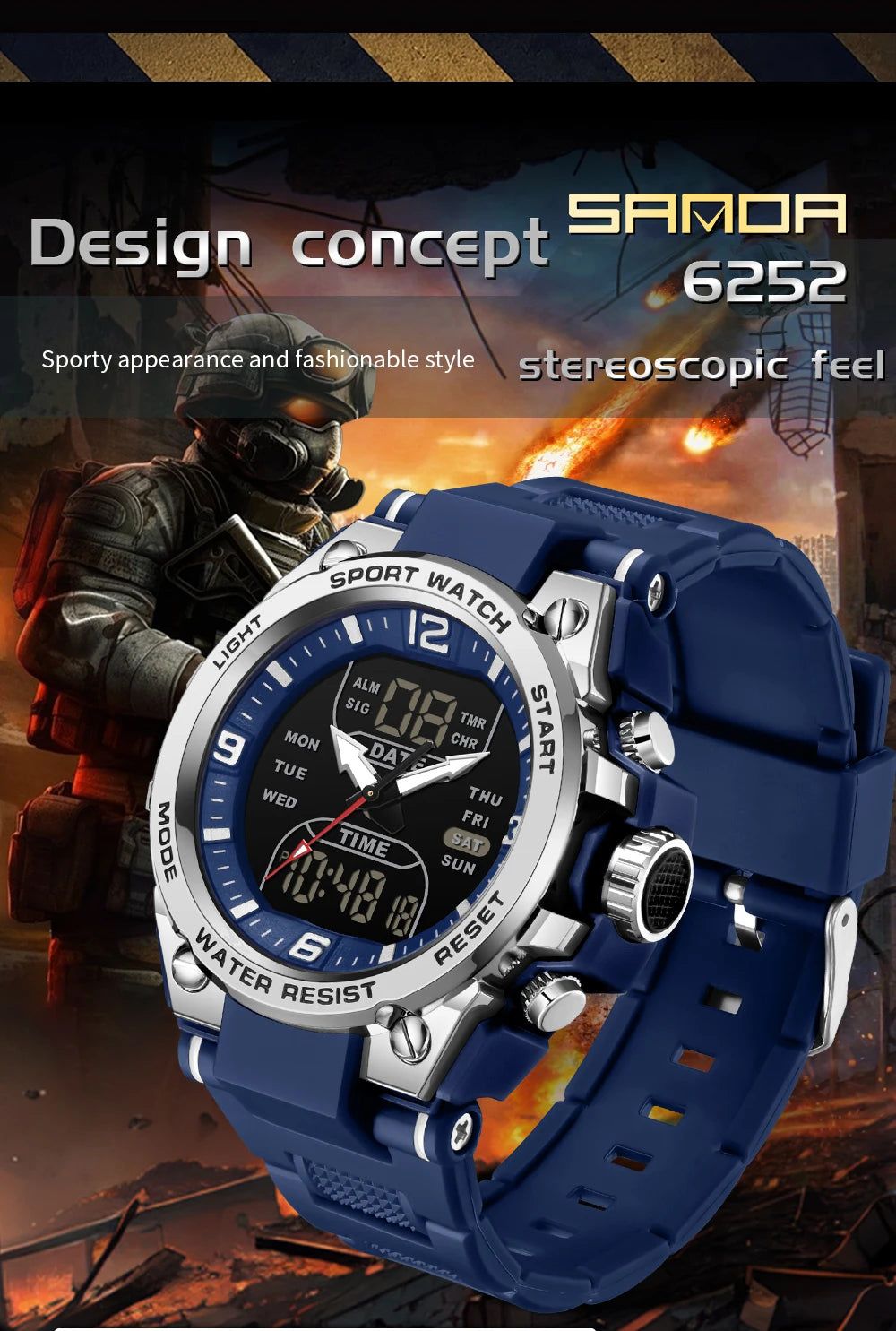 SANDA New Fashion Men Watch Multifunctional Outdoors Sports Waterproof Wristwatch LED Luminous Electronic Digital Men Watches