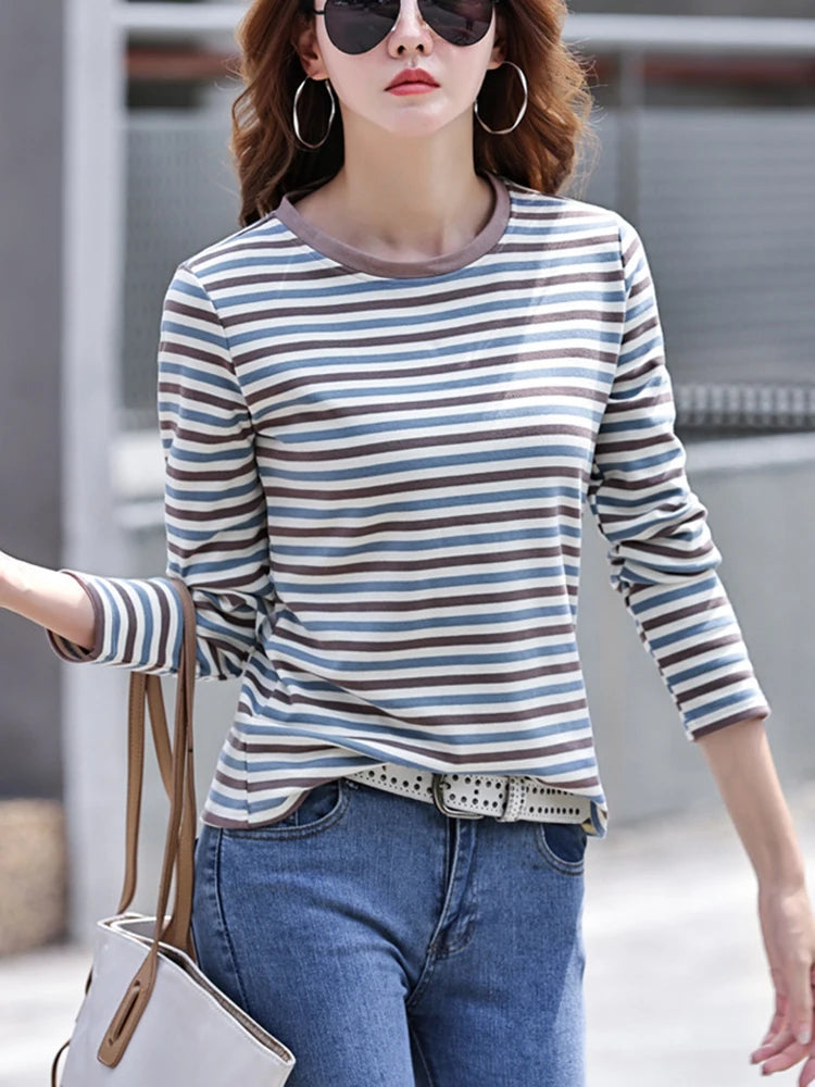 High Quality T Shirt For Women Korean Fashion Clothes Autumn Cotton Stripe Tee Shirt Femme O Neck Tops Woman Long Sleeve Tshirts