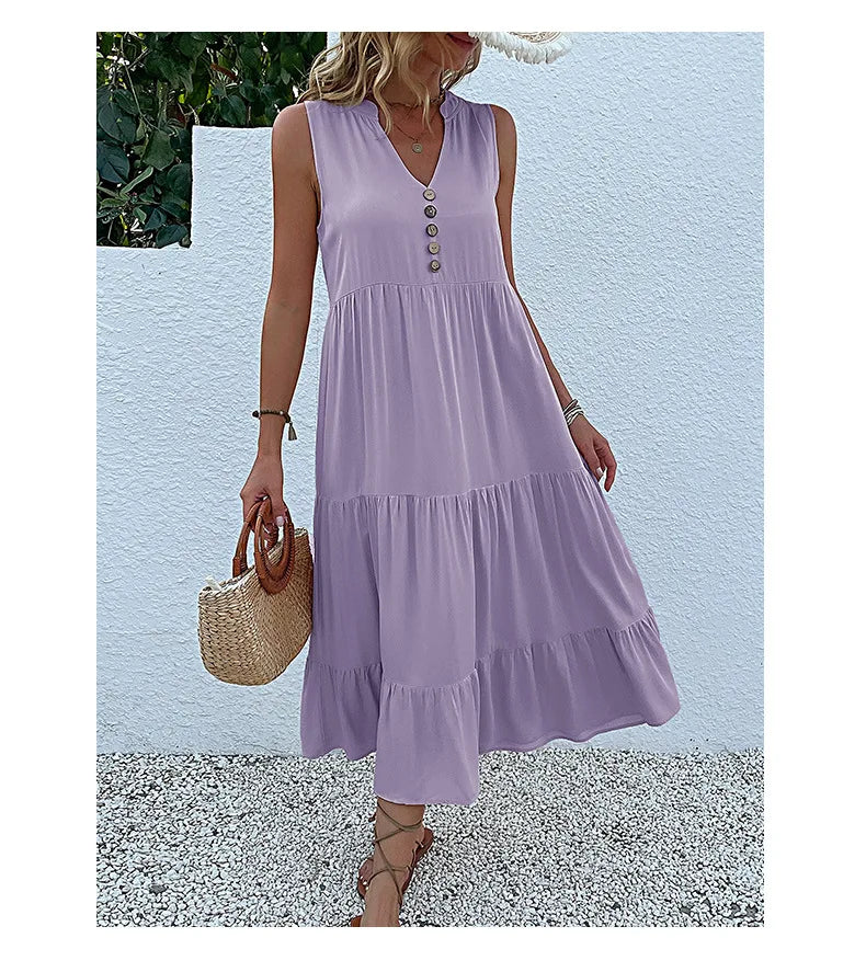 Dresses for Women 2025 Summer V-neck Single-breasted Vest Dress Sleeveless Loose Casual Solid Color Dress Vestidos De Mujer