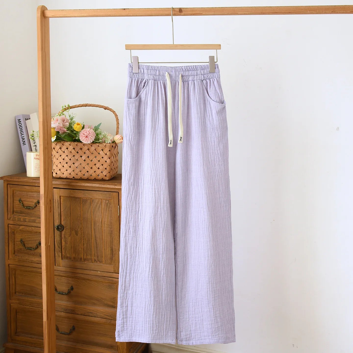 Summer Women Cotton Gauze Wide Leg Pants Casual Loose Elastic Waist Trousers with Pockets Solid Color Breathable Lounge Pants