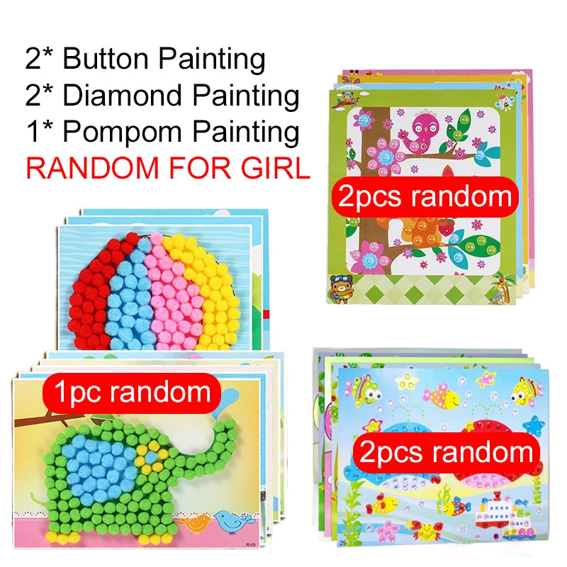 Children DIY Stickers Toys Button/Pompom/Diamond Early Education Kids Puzzle Handmade Creative Painting 3-6 Years Old Gifts TMZ