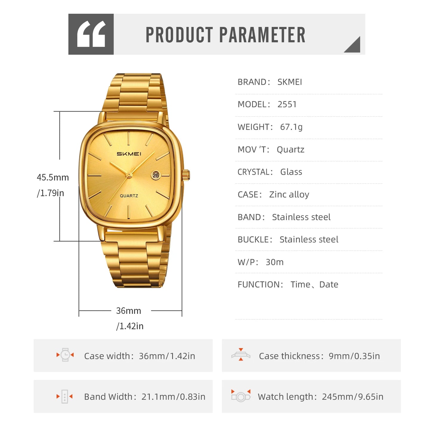 SKMEI Men's Quartz Watch Retro Square Zinc Alloy Case Gold Stainless Steel Band, 30M Water Resistance Time & Date Functions 2551