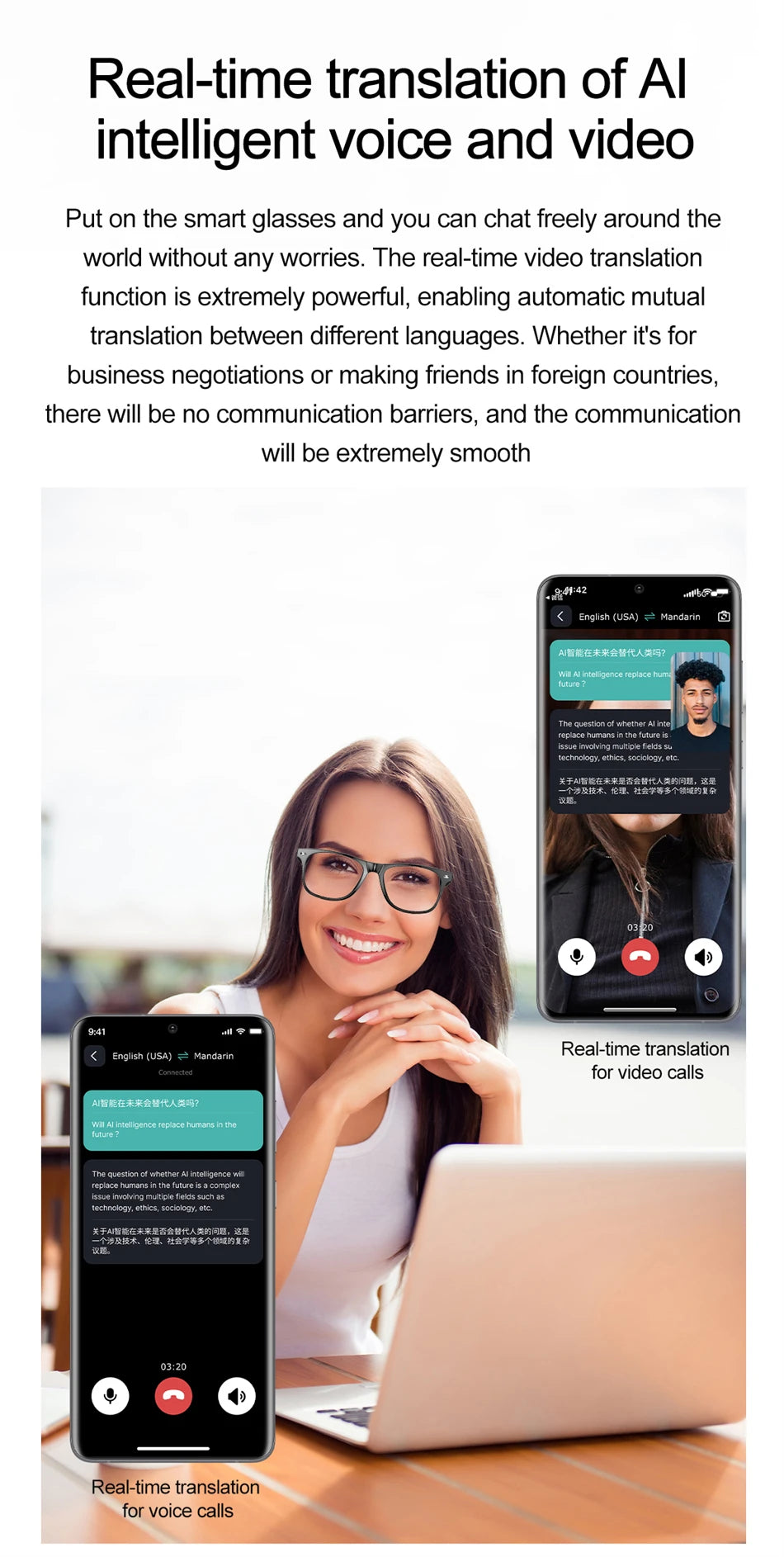 2025 New Smart Glasses Men 163 Online Language Al Intelligent Translation Anti-blue Lenses Wireless Call Voice Assistant Glasses