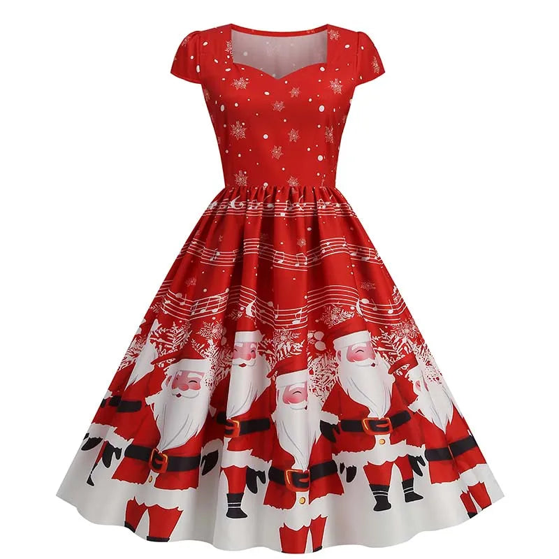 Christmas Dresses for Women Winter Pinup Rockabilly Sexy Cosplay Party Dress Santa Claus Snow Print Cocktail Prom Dress