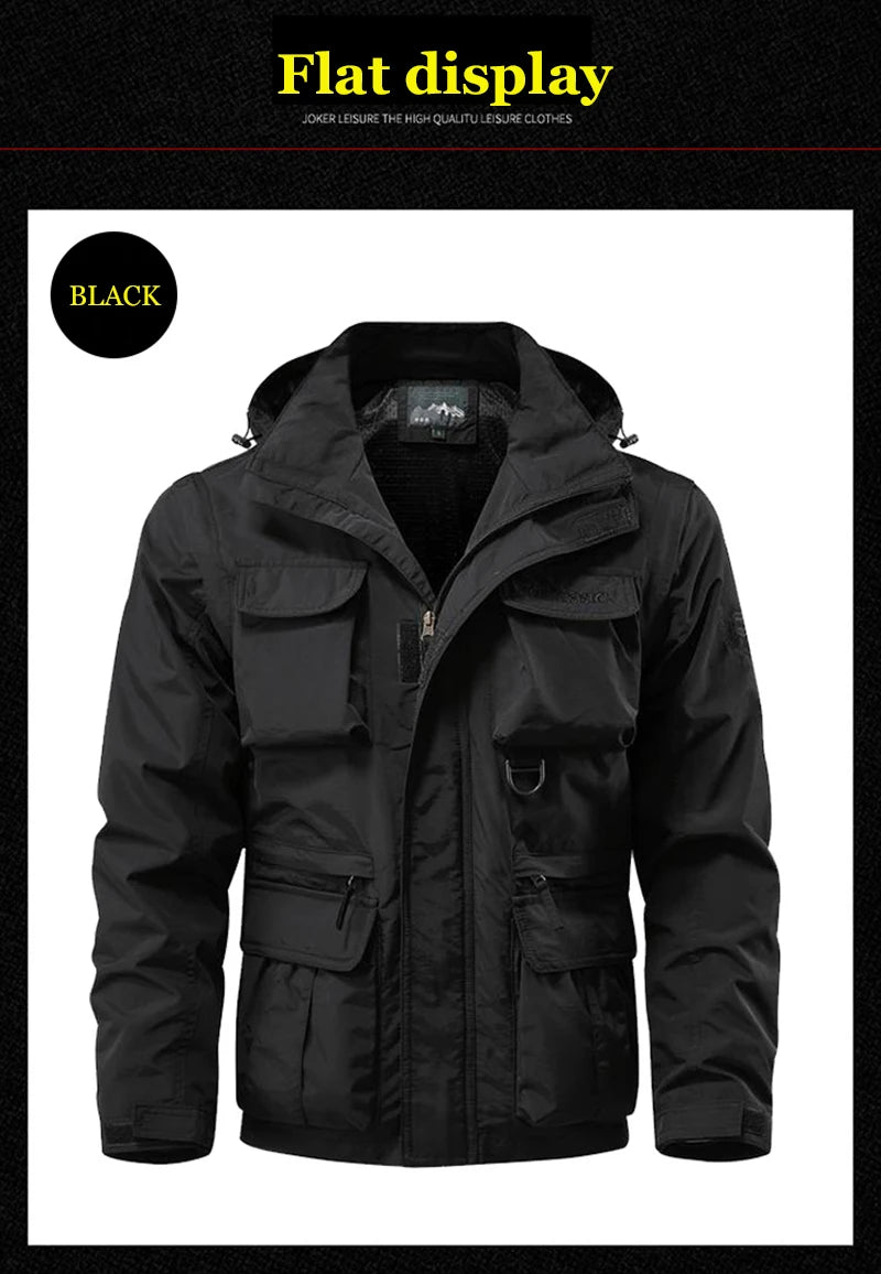 Waterproof Men Jackets Casual Work Coats Detachable Hooded Multi-Pocket Jackets Autumn Outdoor Windproof  Camping Outerwear Coat