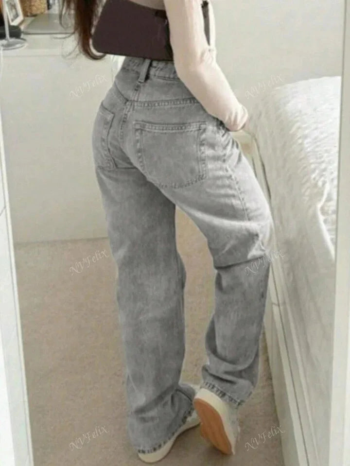Jeans Women Straight Pants Denims Washed High Waist Distressed Pockets Female 2025 Streetwear Vintage Full Length Trousers