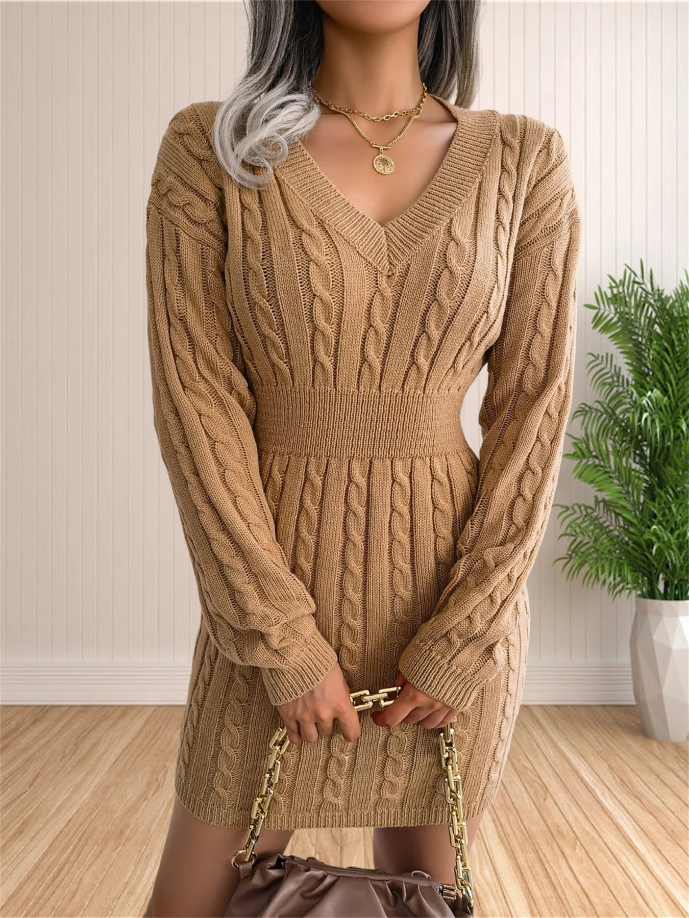 Women Sweater Dresses Cocktail V Neck Knitted Dress Sweater Sheath Dress