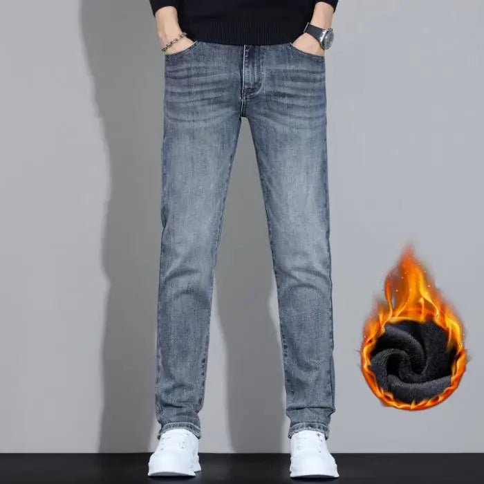 Fleece Thermal Autumn Winter Denim Jeans for Men Pants Warm Thicken Straight Stretch Clothing Fashion Street Causal Denim Pants