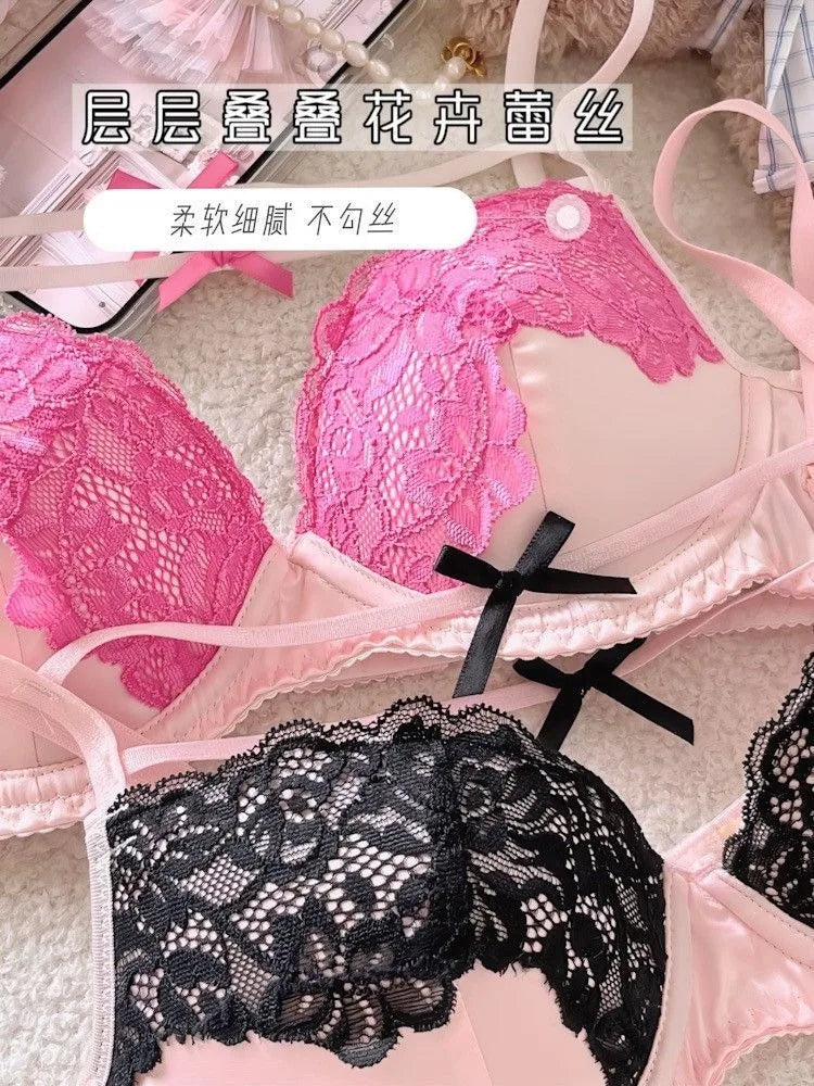 Women Underpants Low Waist Mesh Hollowed Bow Panties and Bra Set Breathable Briefts Lace Push Transparent Lingerie