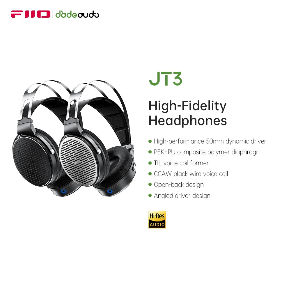 FiiO JT3 Over-Ear Open-Back Headphones, 50mm Dynamic Driver, PEK+PU Composite Diaphragm, Detachable 3.5mm Cable with Mic