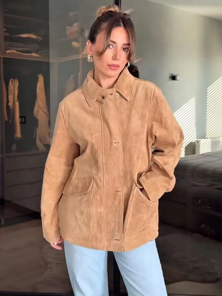 HH Woman's Fashion Jackets Solid Turn-Down Collar Long-Sleeved Pockets Single-Breasted Female Autumn Casual Loose Coats