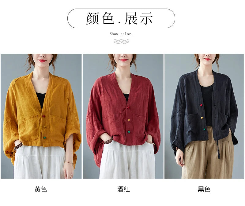 Women Long Sleeve Jackets New 2022 Autumn Vintage Style All-match Loose Comfortable Cotton Linen Female Casual Coats B2100