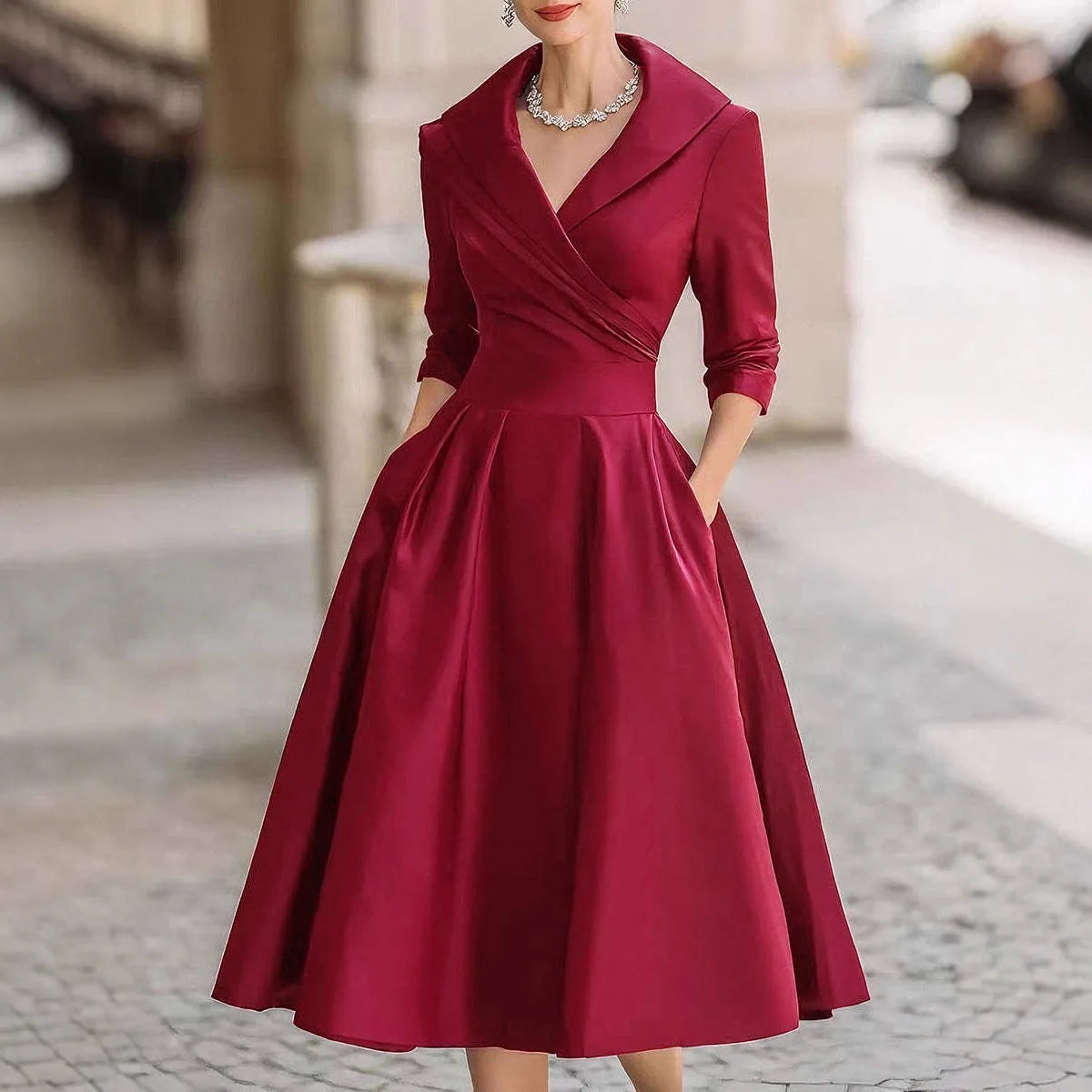 Women Elegant Wedding Guest Dress Turndown Collar Mid-Length Waisted A-Line Evening Dress Cocktail Party Satin Midi Dresses