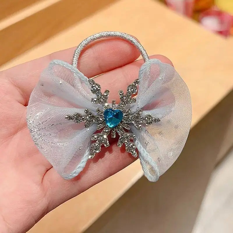 Kids Hair Accessories Set 2PCS Princess Snowflake Clips Hair Ties All Cover Fabric Blue Rhinestone Side Clips for Girls