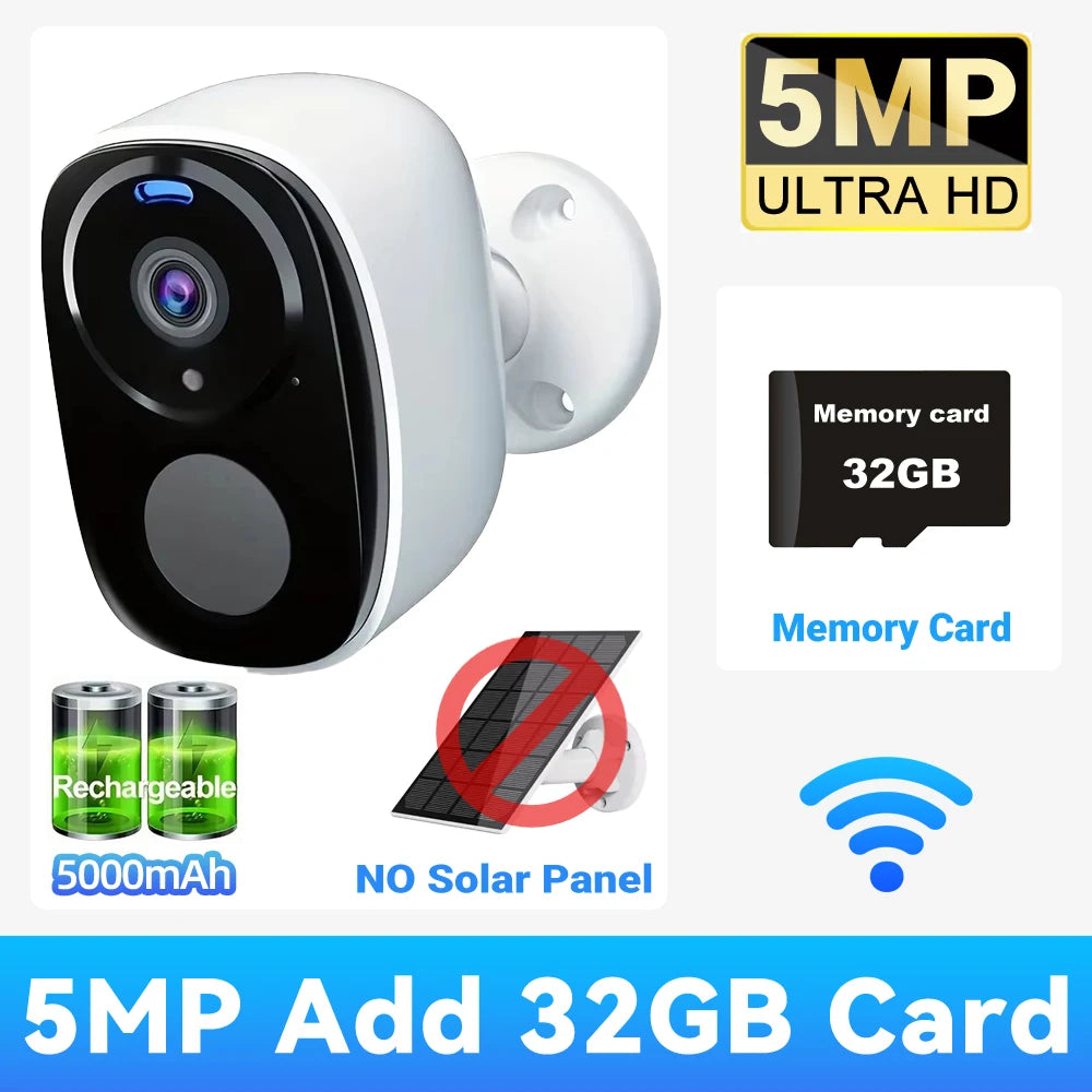 2K 5MP Solar Security Camera Wireless Outdoor Color Night Vision Battery Powered 2.4G WiFi, PIR, Waterproof, Two-Way Alexa