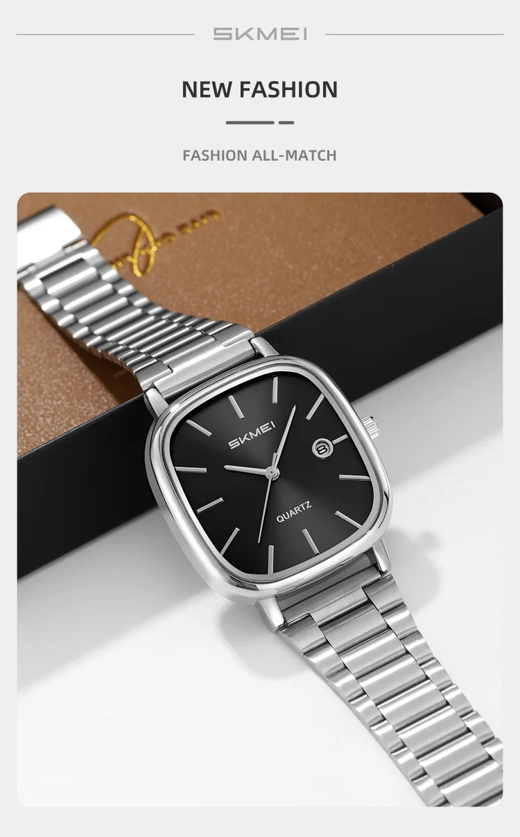 SKMEI Men's Quartz Watch Retro Square Zinc Alloy Case Gold Stainless Steel Band, 30M Water Resistance Time & Date Functions 2551