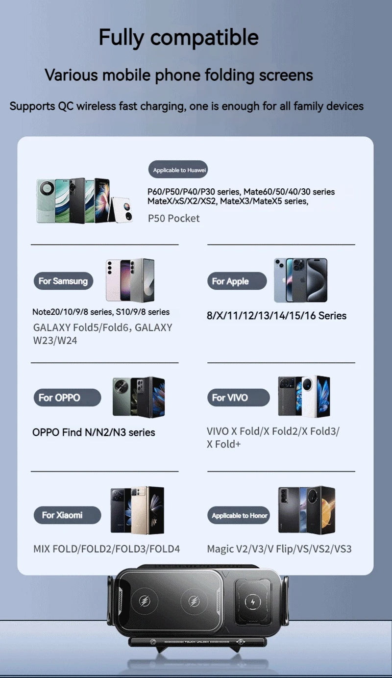 15W Universal Car Phone Wireless Charger Holder 360° Rotation Mount for Samsung Galaxy Fold 6 5 4 3 Z Flip S25 S24 Iphone 16 15