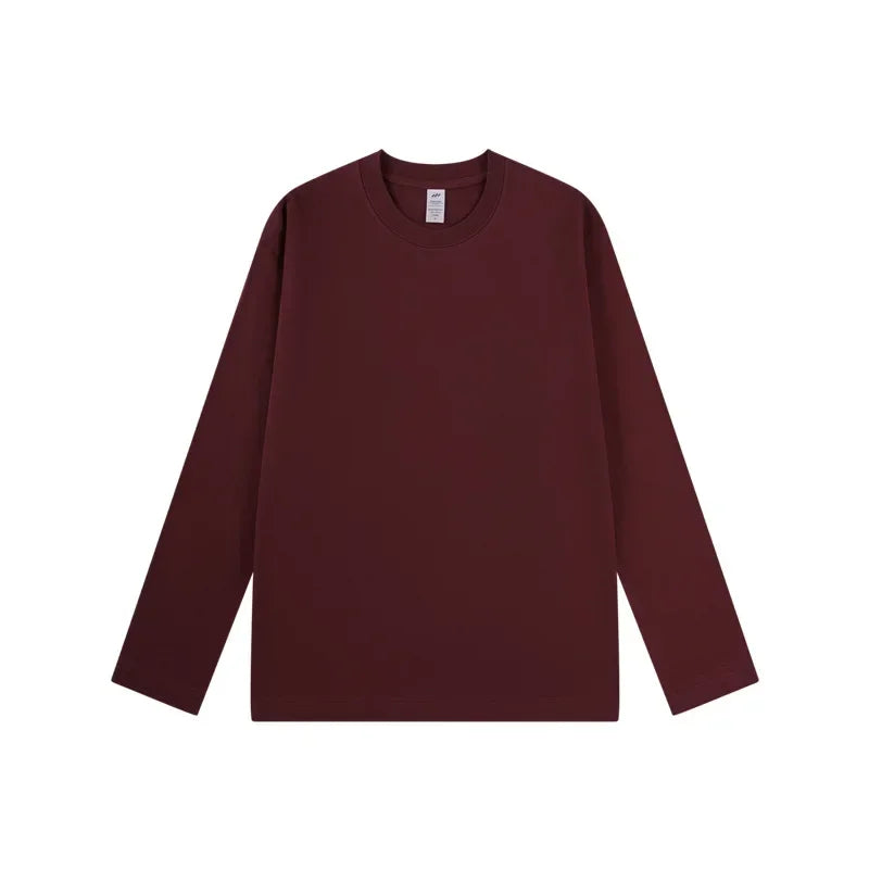 230G Men T Shirts Pure Combed Cotton Heavy Round Neck Solid Color Long-sleeved Men's T-shirt Loose Bottoming Shirt Tops For Male