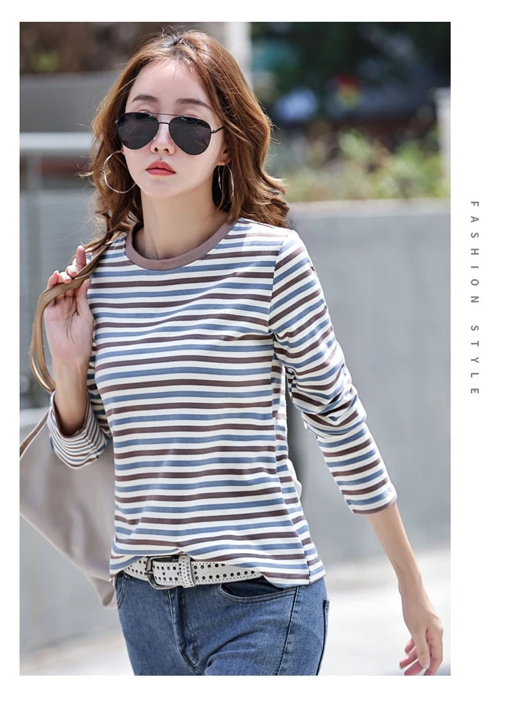 High Quality T Shirt For Women Korean Fashion Clothes Autumn Cotton Stripe Tee Shirt Femme O Neck Tops Woman Long Sleeve Tshirts