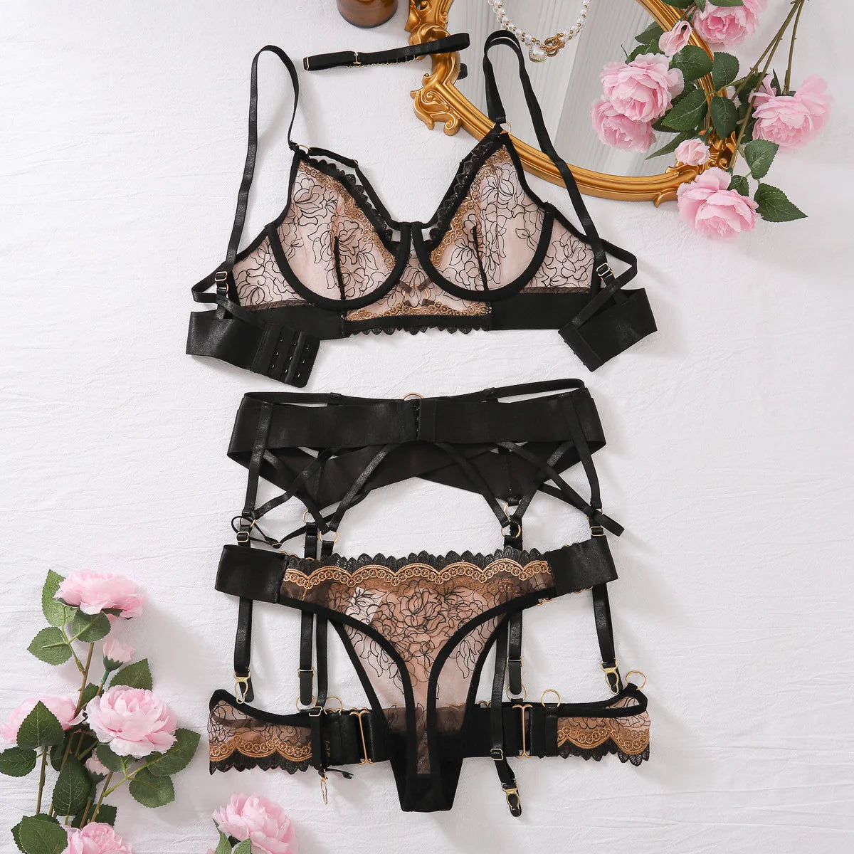 Women's Underwear Brazil Erotic Sexy Embroidery Bra And Panty Set Summer Luxury Lingerie Fancy Comfortable Underwear 5-piece Set