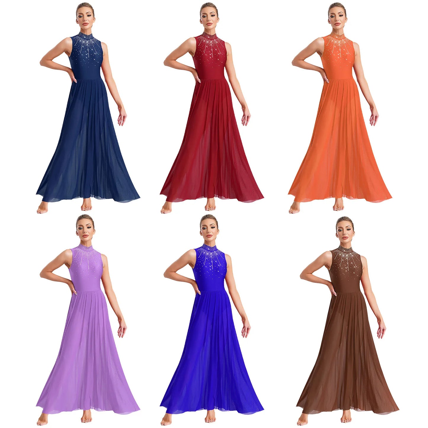 Womens Lyrical Dance Dresses Mock Neck Wide Hemline Shiny Rhinestones Maxi Dress Sleeveless Modern Contemporary Leotard Dresses