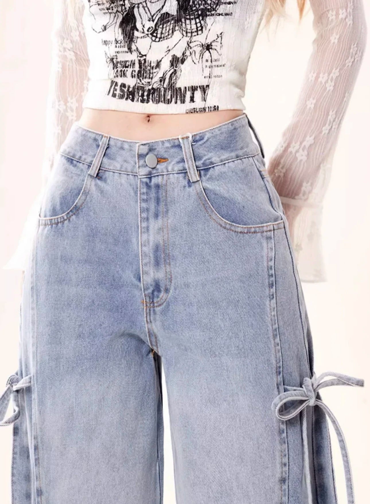 Jeans Women Vintage Bow Design Baggy Wide Leg Trousers Autumn High Waist Students Young All-match Daily Harajuku Slouchy Chic