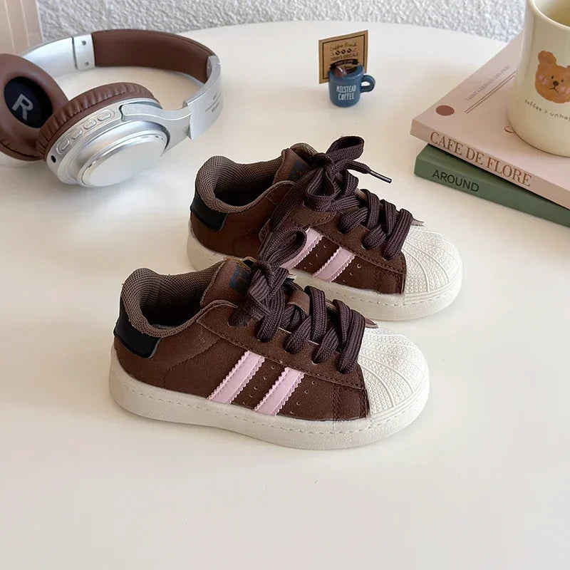 Kids Sports Shoes Non-slip Soft Sole 2025 New Boys Girls Casual Shoes Striped Trendy Students Skate Shoes Round Toes Hook&loop